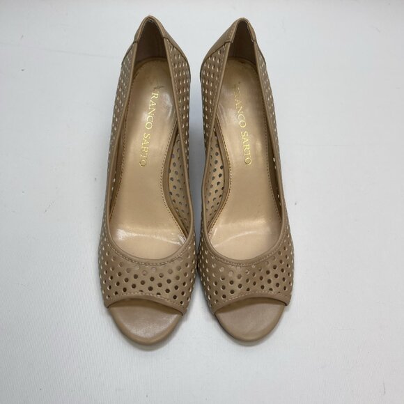 Franco Sarto Ginesa Tan Leather Peep Toe Heels Womens 8M Perforated Faux Leather - Picture 10 of 13